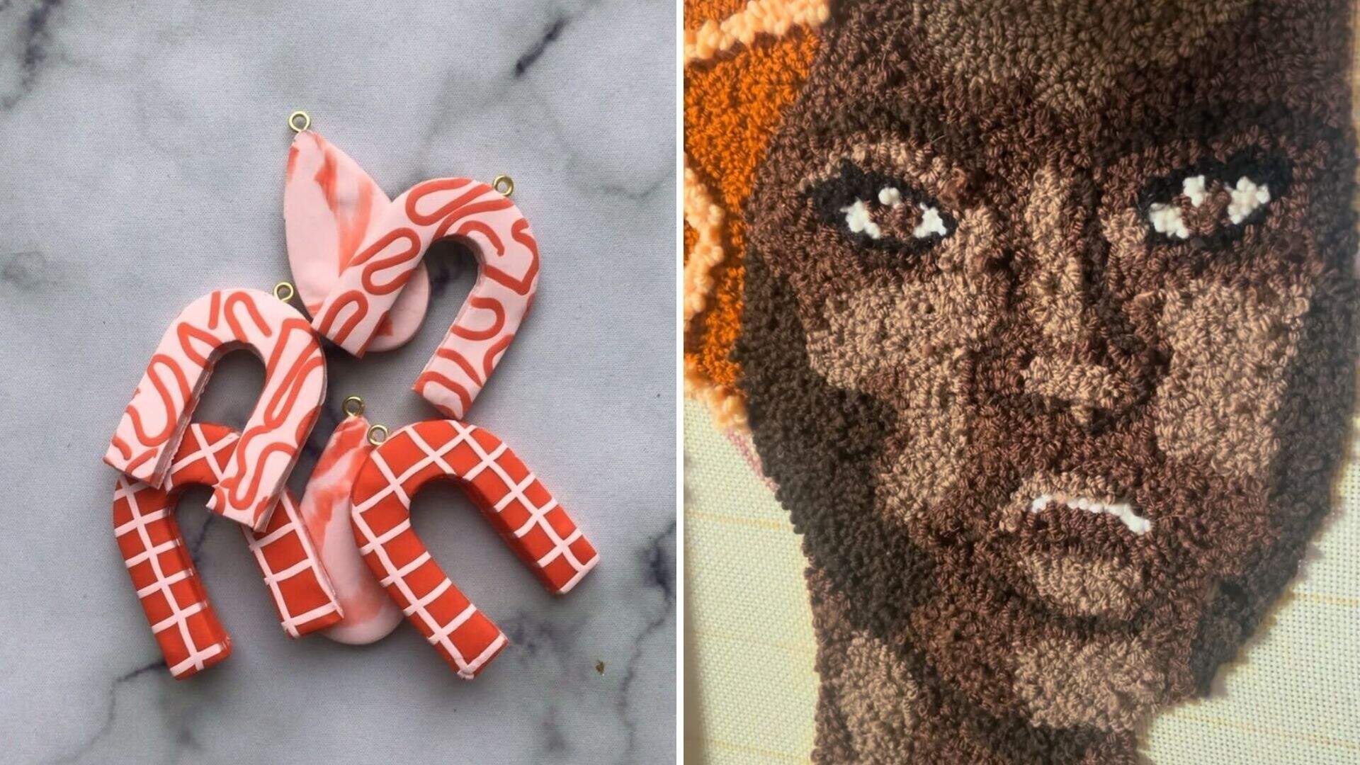 Left, polymer clay earrings. Right, a punch needle portrait in process. (Arielle Gray/WBUR)