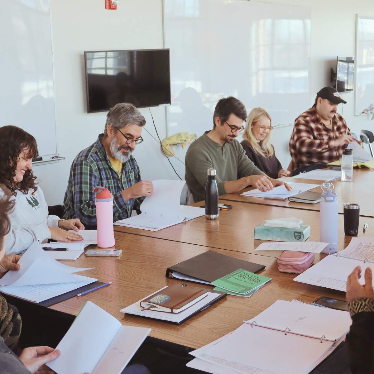 From left: Susie Schutt, Dave Rabinow, Harry Aspinwall, Olivia Hodson and Dustin Thomas in rehearsal for "Small Mouth Sounds." (Courtesy Wilbury Theatre Group)