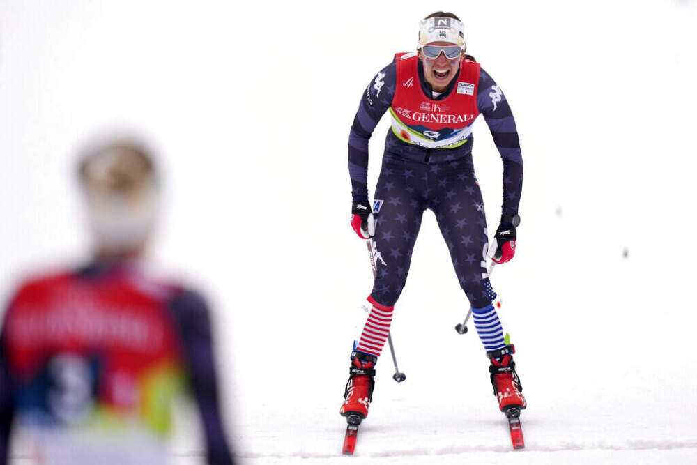 Julia Kern crosses the finish line in front of her teammate at the Nordic World Championships in Planica, Slovenia, Feb. 26, 2023. (Matthias Schrader/AP)