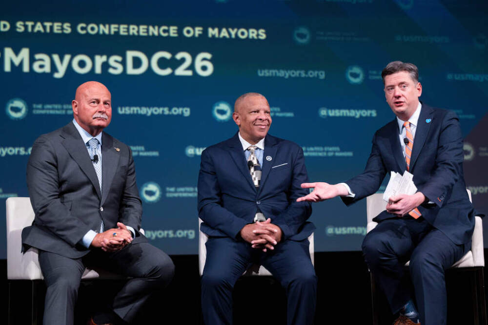 Fresno, California Mayor Jerry Dyer, Omaha, Nebraska Mayor John Ewing Jr. and Oklahoma City Mayor David Holt during a panel discussion on Wednesday in Washington D.C. (Kevin Wolf/AP)