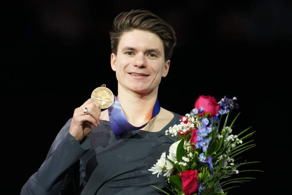 Maxim Naumov poses with his bronze medal during the men's free skate competition at the U.S. Figure Skating Championships, Saturday, Jan. 10, 2026, in St. Louis. (Stephanie Scarbrough/AP)