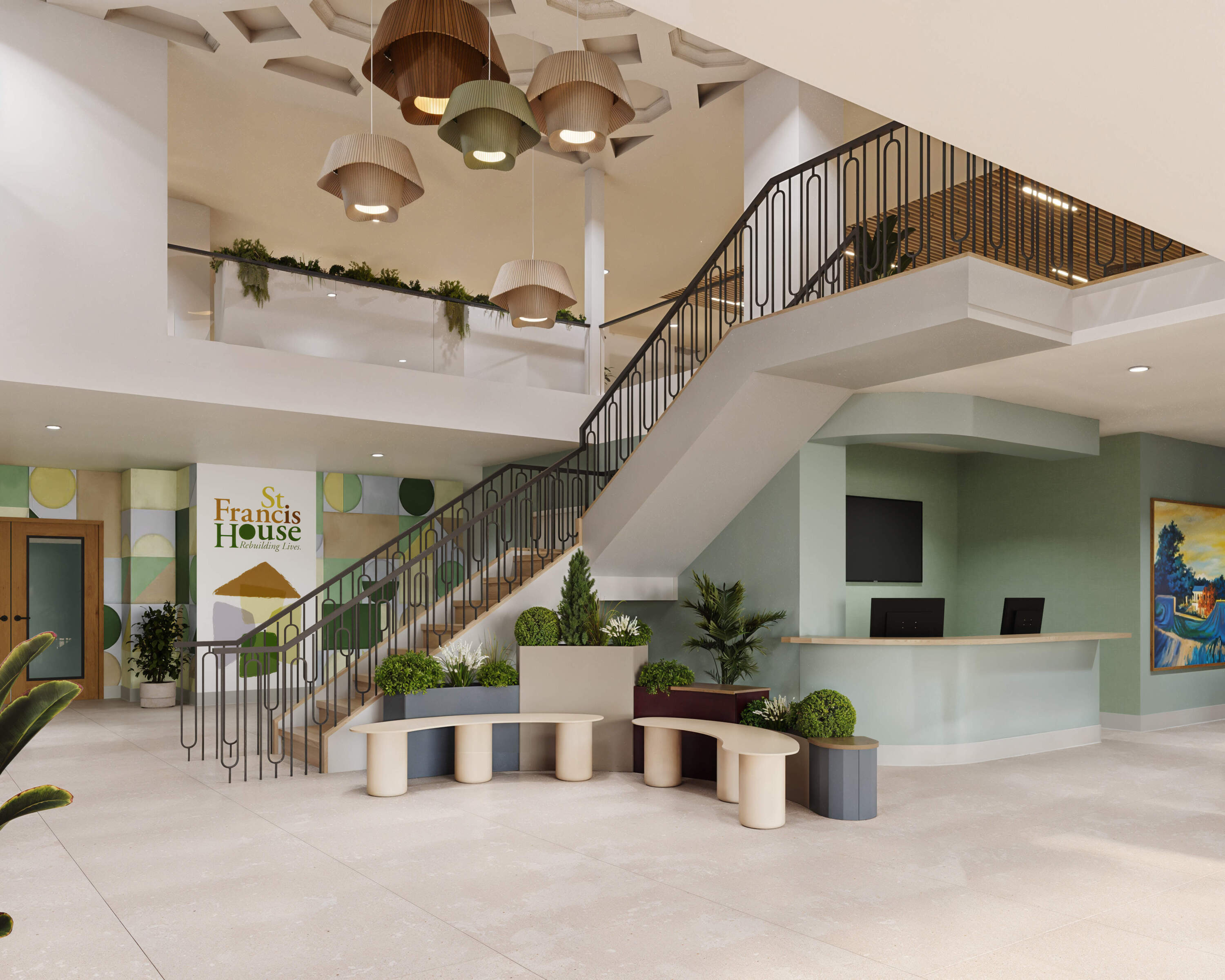An architectural rendering of the new St. Francis House lobby. (Courtesy of The Architectural Team)