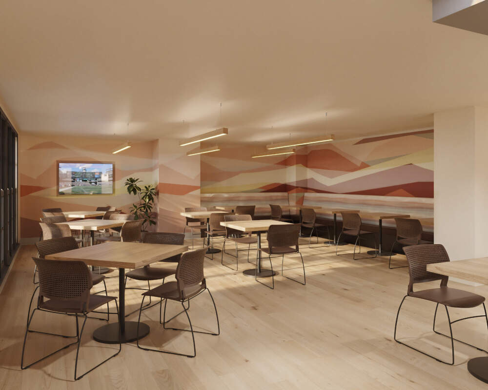 A lounge in the newly-designed St. Francis House day shelter, as seen in an architectural rendering (Courtesy of The Architectural Team)