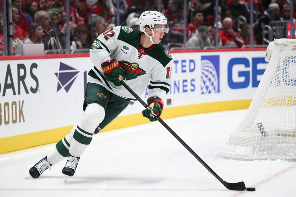 Matt Boldy (12) in action during the first period of a Minnesota Wild game Friday, Oct. 17, 2025. (Nick Wass/AP)
