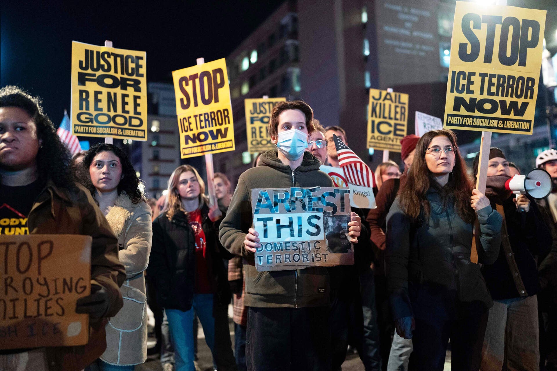 Demonstrators march to the White House Thursday, Jan. 8, as they protest against the Immigration and Customs Enforcement agent who fatally shot Renee Nicole Good in Minneapolis. (Jose Luis Magana/AP)