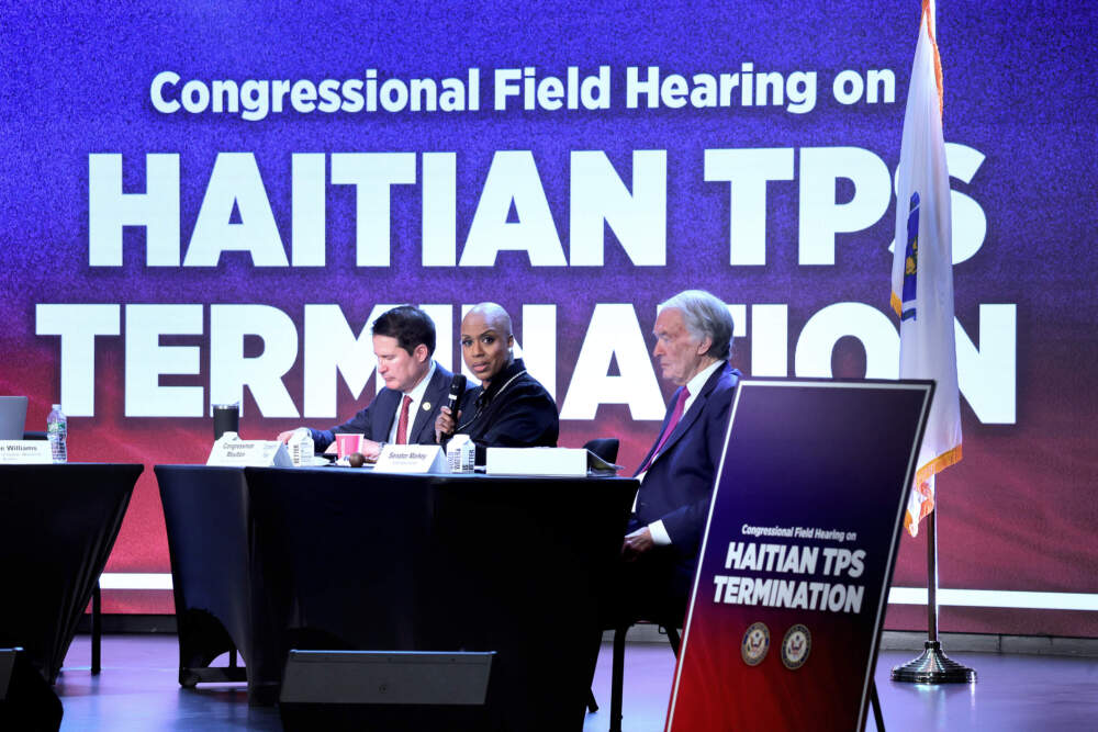 Congressman Seth Moulton, Congresswoman Ayanna Pressley, and Sen. Ed Markey listen to testimony during a congressional field hearing on the importance of extending Temporary Protected Status (TPS) for Haiti at the Jubilee Christian Church on Jan. 20. (Lane Turner/The Boston Globe via Getty Images)