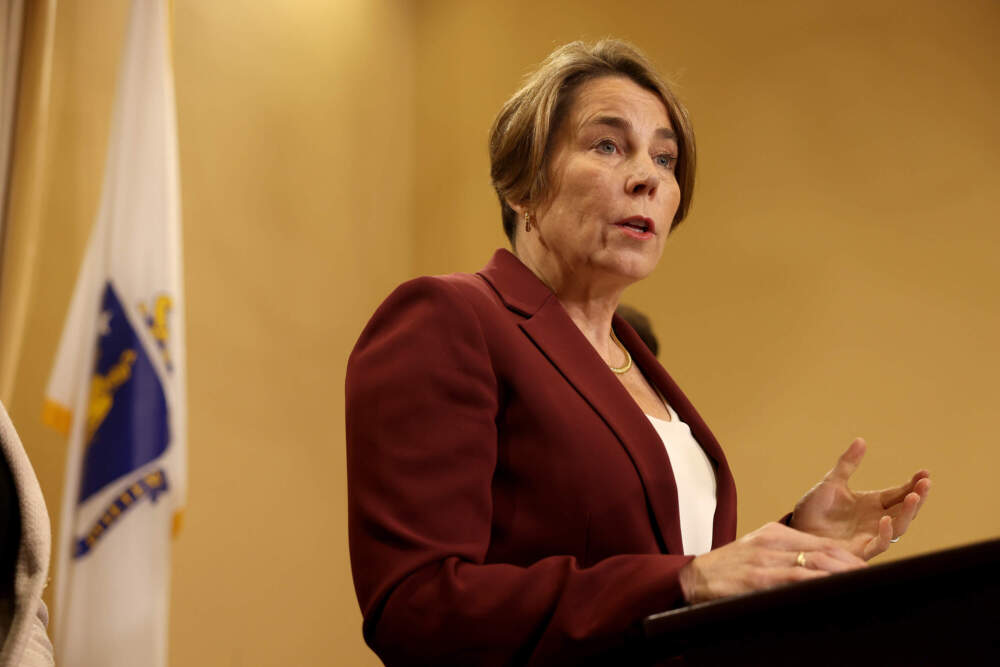 Gov. Maura Healey speaks during a press conference on rising health care costs at the State House on Nov. 10, 2025. (Jessica Rinaldi/The Boston Globe via Getty Images)