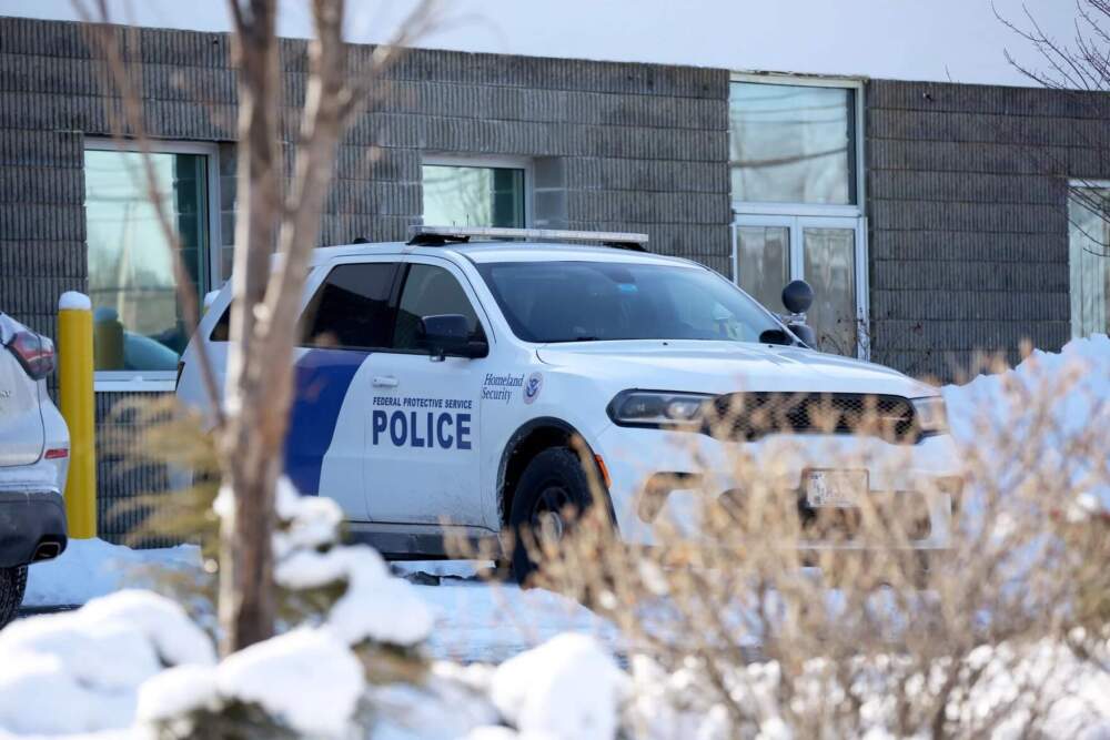 A Department of Homeland Security vehicle outside of an Immigration and Customs Enforcement field office in Scarborough on Wednesday, Jan. 21, 2026. (Esta Pratt-Kielley/Maine Public)