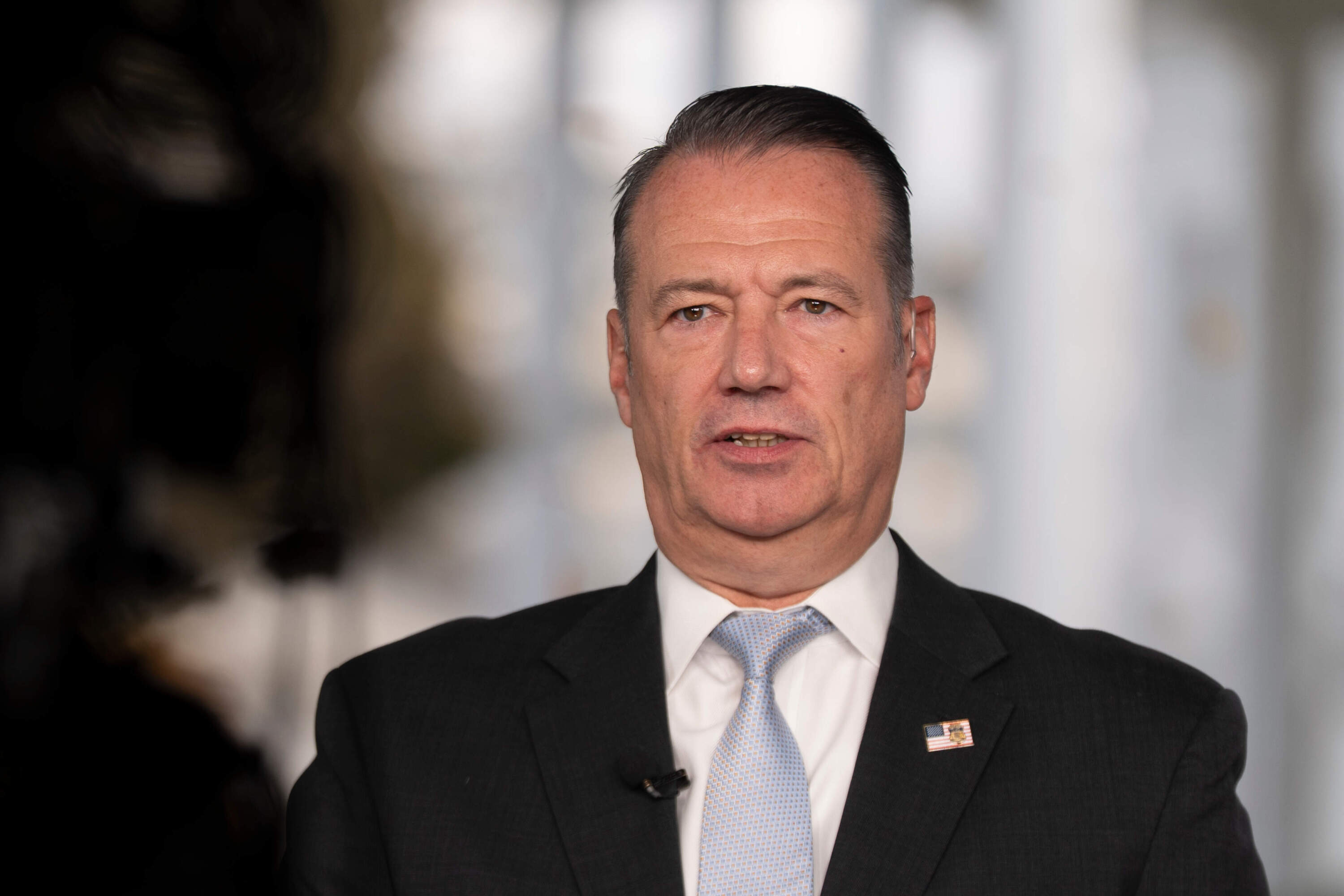 Todd Lyons, head of the U.S. Immigration and Customs Enforcement (ICE), is interviewed on TV on the White House grounds on Nov. 3, 2025, in Washington. (Manuel Balce Ceneta/AP file photo)