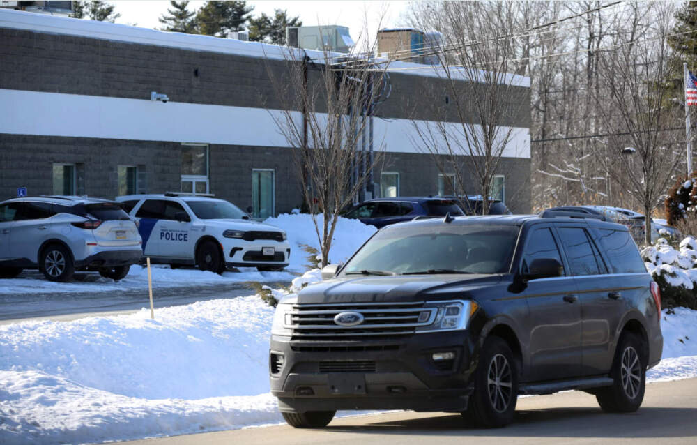 Vehicles outside of an Immigration and Customs Enforcement field office in Scarborough on Wednesday, Jan. 21, 2026. (Esta Pratt-Kielley/Maine Public)