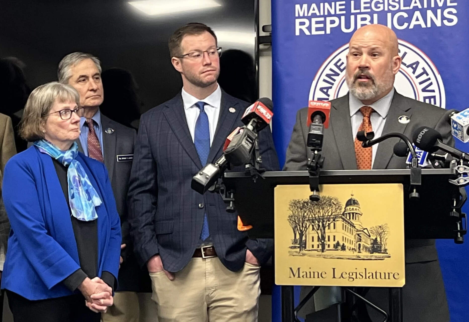 Republican Rep. Donald Ardell of Monticello, who is a former federal law enforcement officer, criticizes Maine Secretary of State Shenna Bellows' decision to pause issuance of new, undercover license plates to federal agencies during a press conference on Tuesday, Jan. 20, 2026. (Kevin Miller/Maine Public)