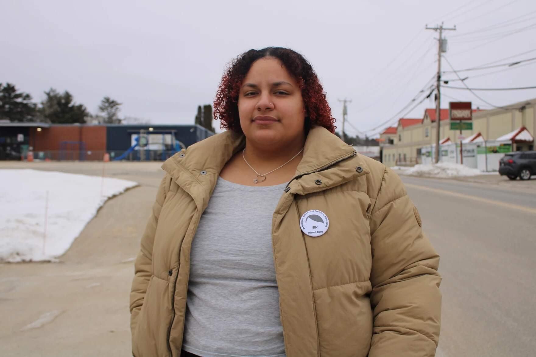 Jaylee Shopshire-Nsuka in Lewiston on Sunday, Jan. 25, 2025. She says her husband, an asylum seeker from Angola, was arrested by ICE last week on his way home from work. (Ari Snider/Maine Public)
