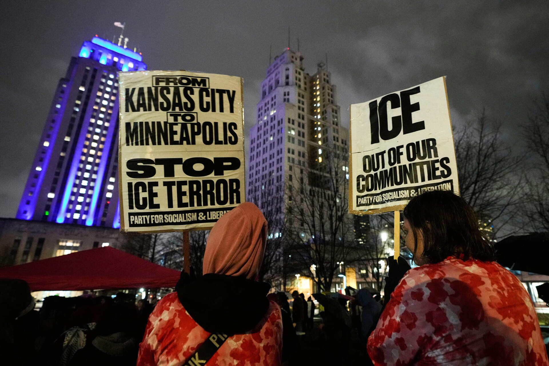 Protesters gather in Kansas City, Missouri, during a rally for Renee Good, who was fatally shot by an ICE officer in Minneapolis the day before. (Charlie Riedel/AP)