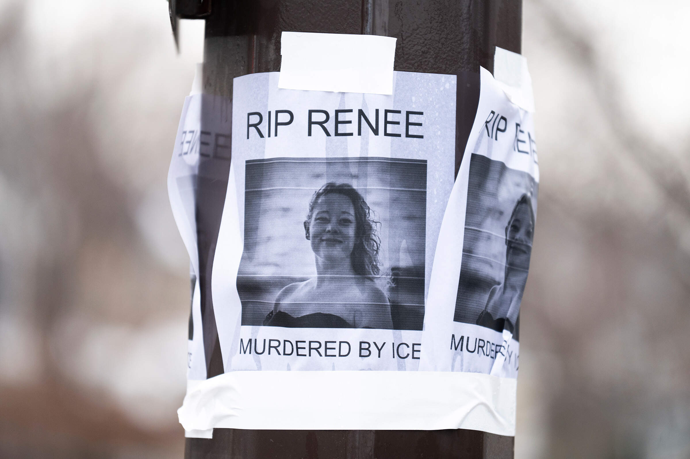 A portrait of Renee Nicole Good is pasted to a light pole near the site of her shooting on Jan. 8, 2026 in Minneapolis, Minnesota. (Stephen Maturen/Getty Images)