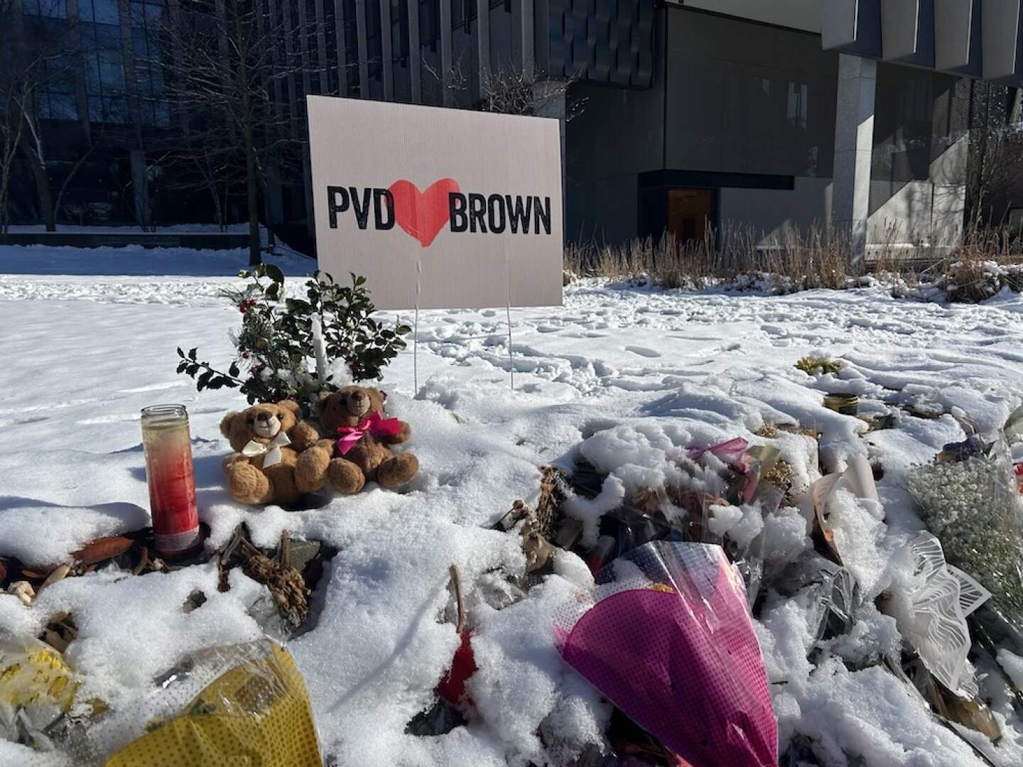 A memorial outside of Barus & Holley, the Brown University building where two students were killed the Dec. 13 shooting. (Isabella Jibilian/Ocean State Media)