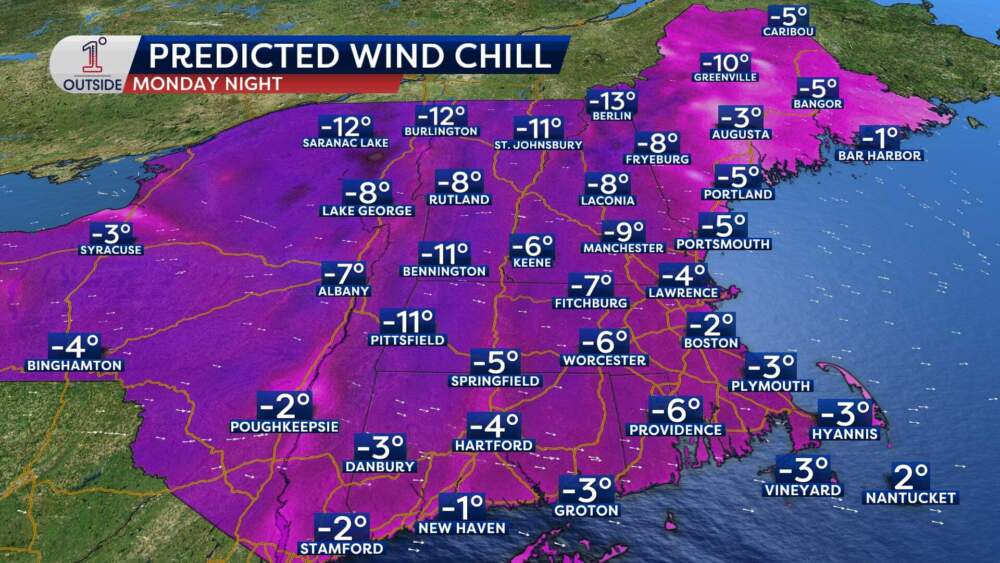 Wind chill estimates across the state for late Monday. (Danielle Noyes/1DegreeOutside)