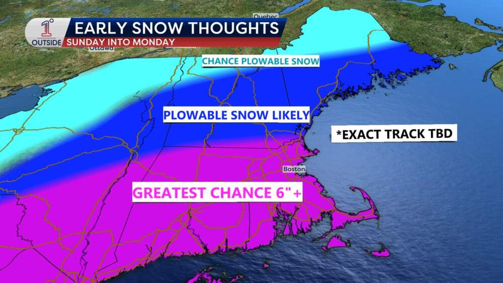An early look of the potential snowfall totals for Sunday into Monday. (Danielle Noyes/1DegreeOutside)