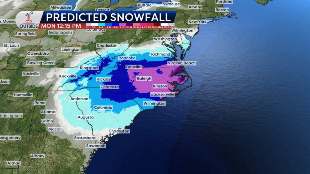 The expected snow accumulation in the Carolinas by Monday, Feb. 1, 2026. (Danielle Noyes/1DegreeOutside) 