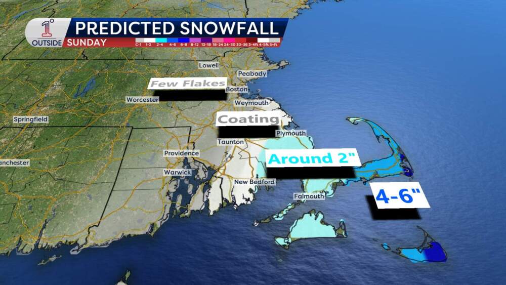 Expected snowfall on Sunday from the storm developing in the Atlantic. (Danielle Noyes/1DegreeOutside)