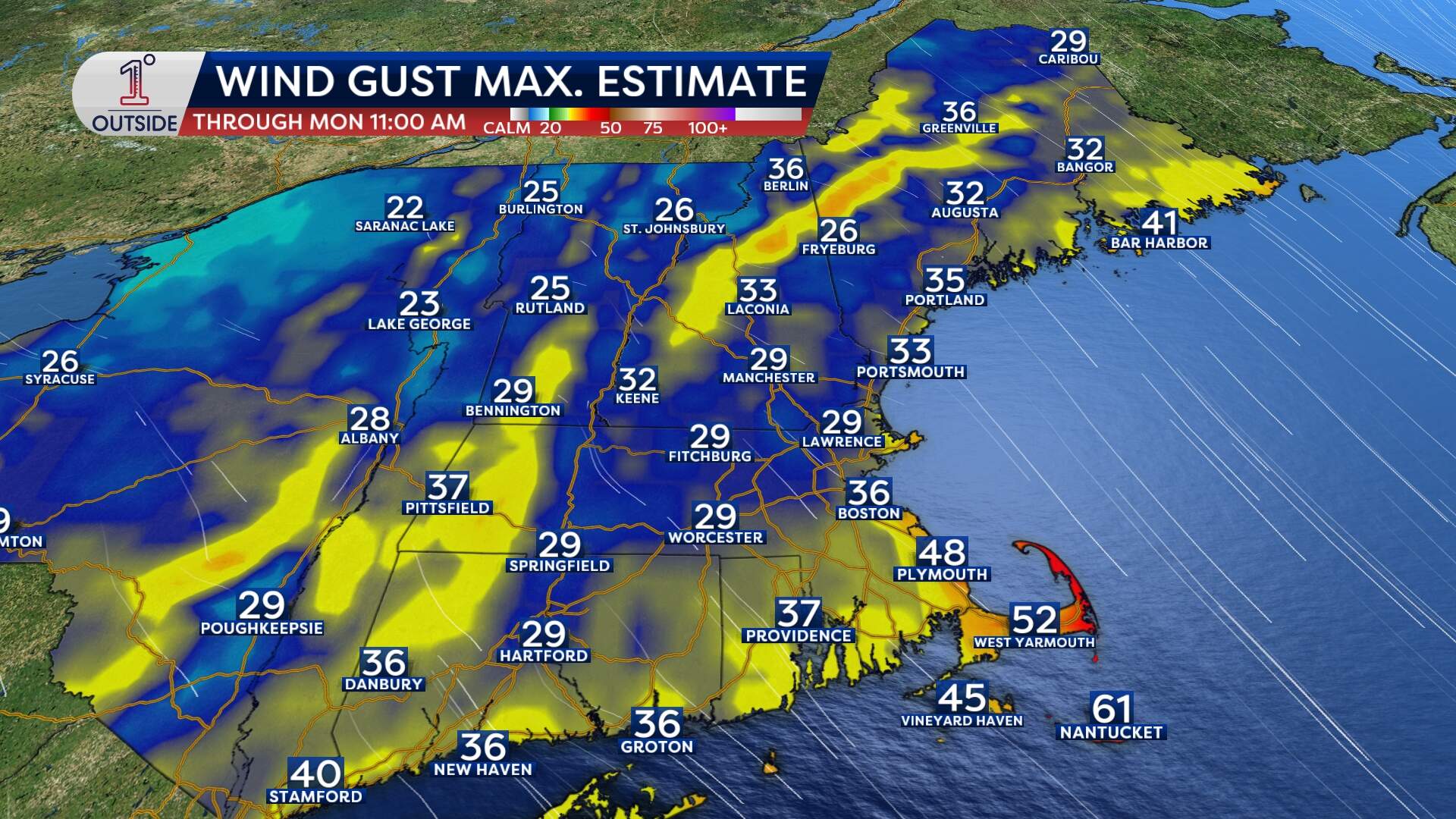 Predicted maximum wind gusts through Monday, Feb. 2, 2026. (Danielle Noyes/1DegreeOutside)