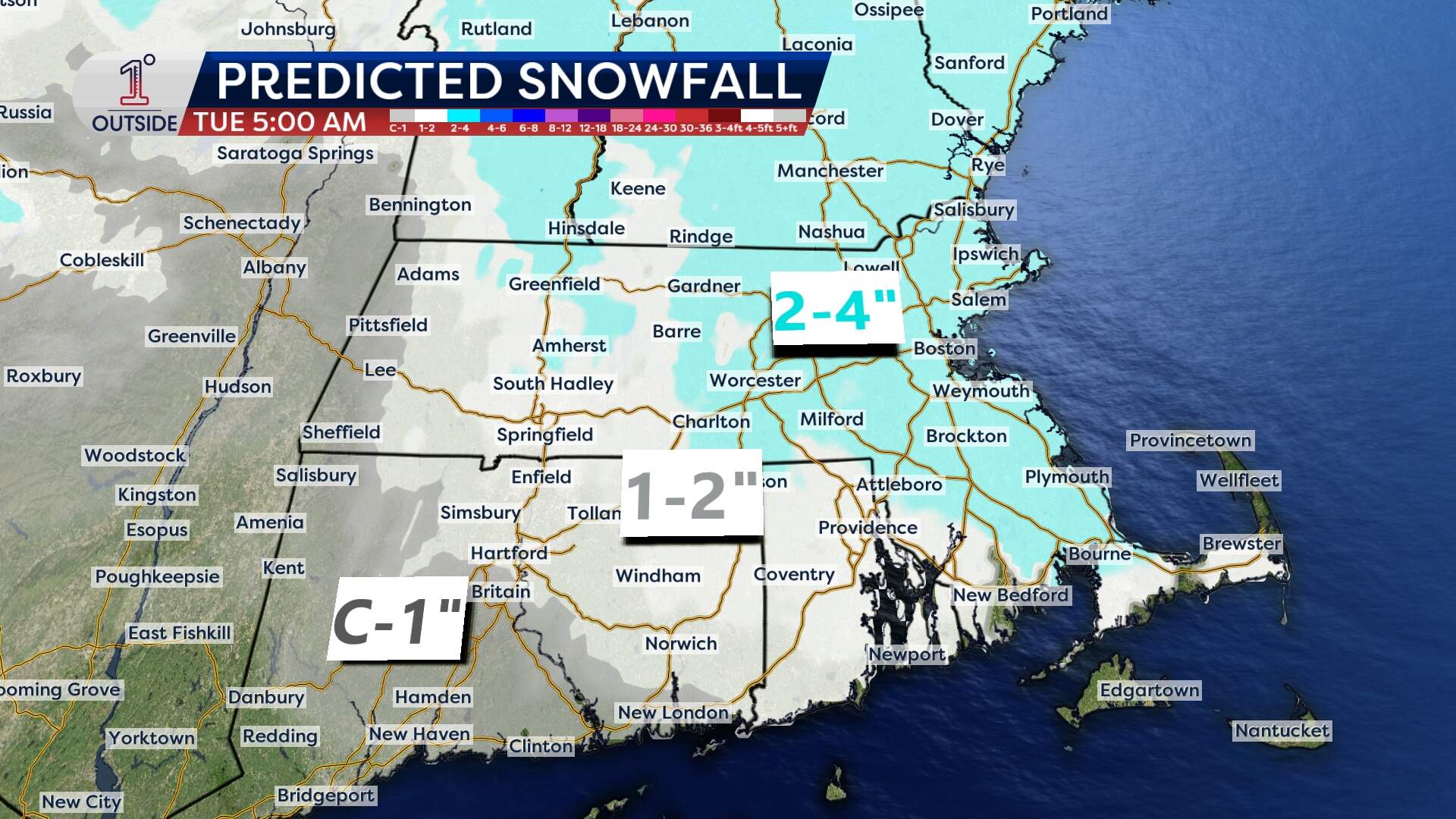 The remaining inches of snow predicted for Massachusetts in the state's first major snowstorm since 2022. (Danielle Noyes/1DegreeOutside)