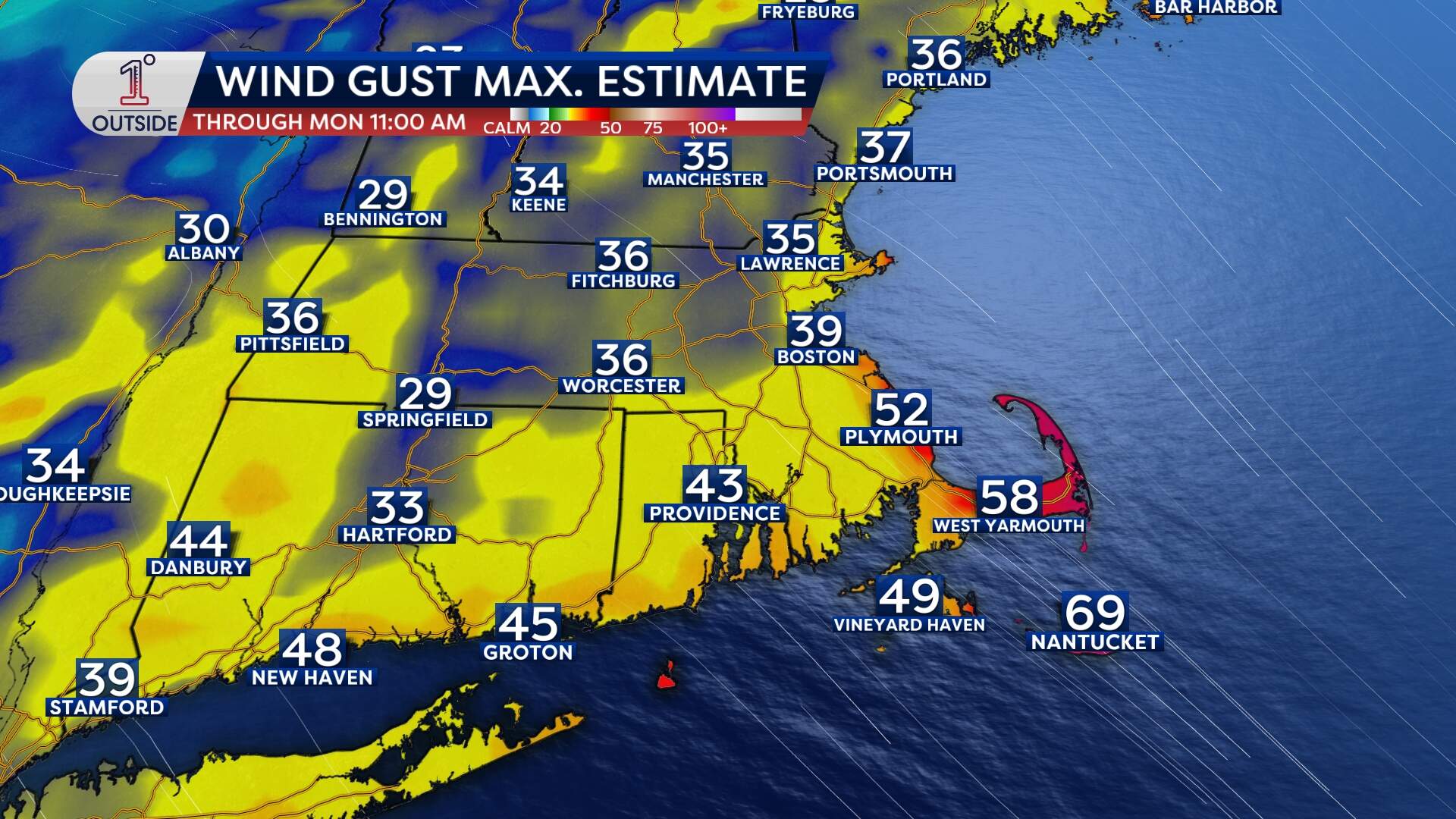 Estimated maximum wind gusts for the storm from Sunday into Monday. (Danielle Noyes/1DegreeOutside)