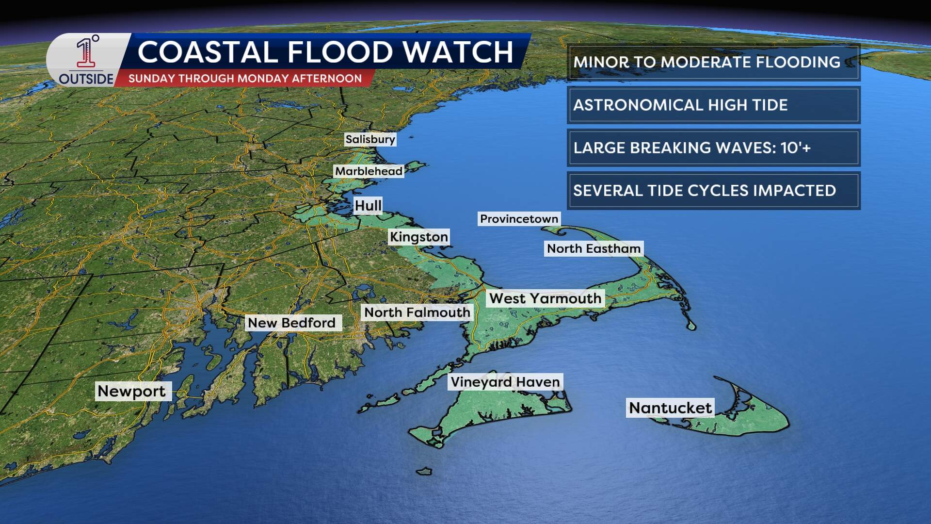 The areas under coastal flood watch beginning Sunday, Jan. 30, 2026. (Danielle Noyes/1DegreeOutside)