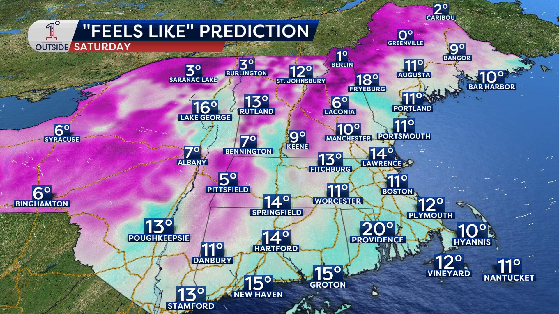 The "feels like" high temperatures expected for Saturday, Jan. 31, 2026. (Danielle Noyes/1DegreeOutside)