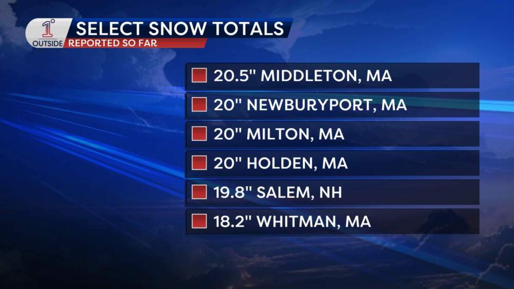 The highest snowfall totals in the state, as of Monday morning. (Danielle Noyes/1DegreeOutside)