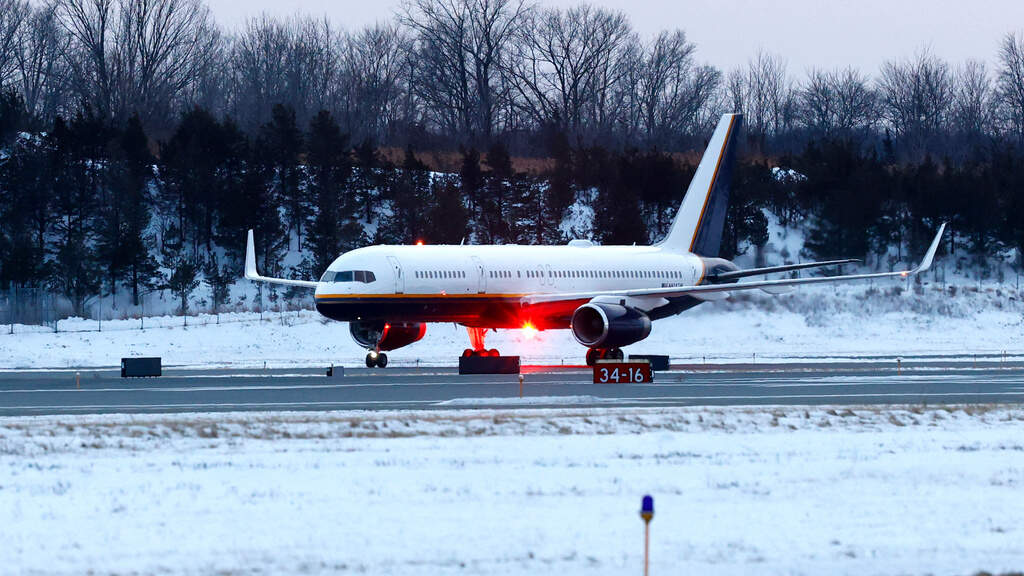 An airplane carrying captured Venezuelan President Nicolas Maduro lands at Stewart Air National Guard Base in Newburgh, N.Y. (Noah K. Murray/AP)
