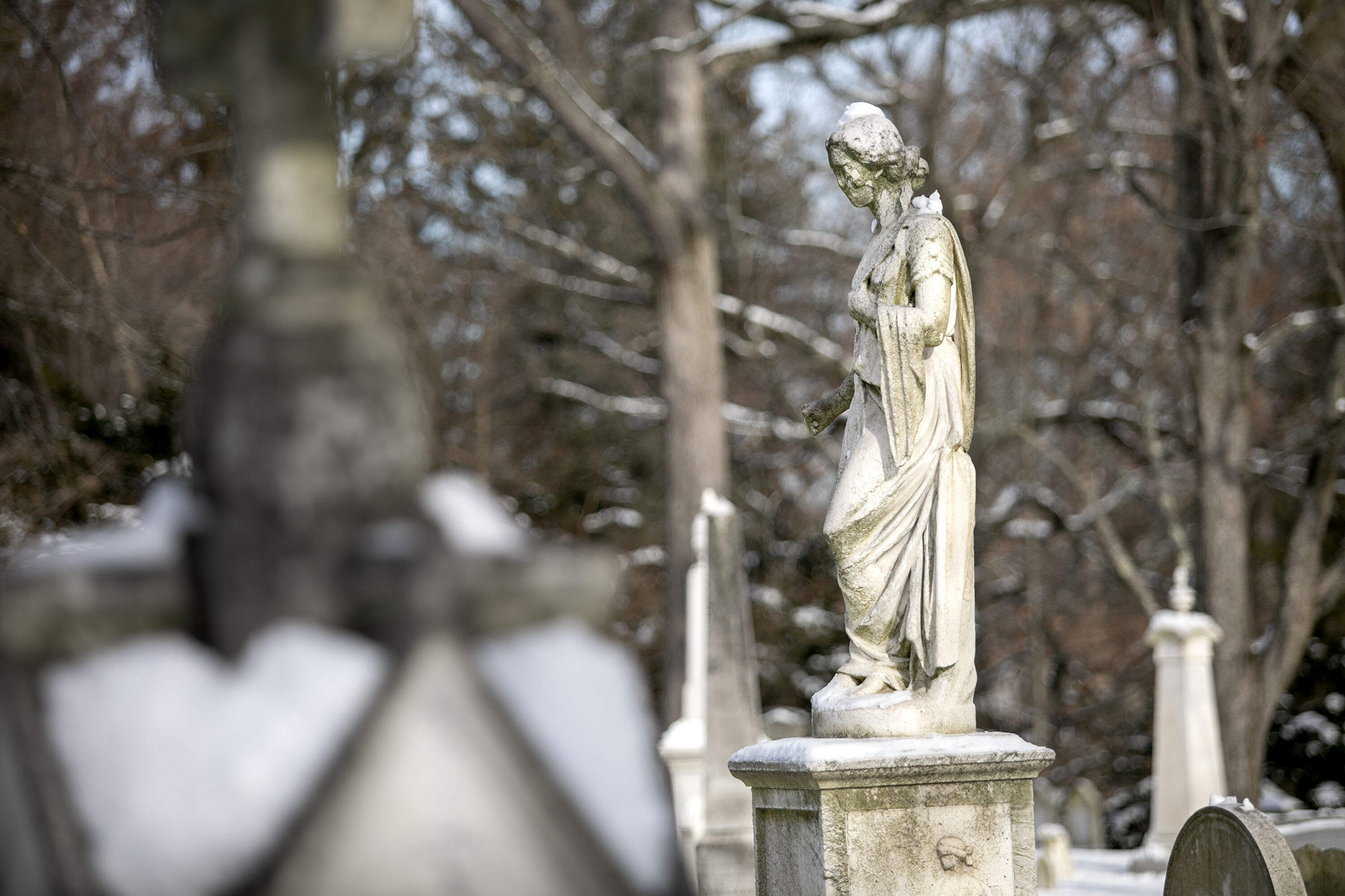 The statue of Hygeia, the Greek goddess of health and hygiene, by sculptor Edmonia Lewis, marks the family plot of Dr. Harriet Hunt, the first woman to practice medicine professionally. (Robin Lubbock/WBUR)