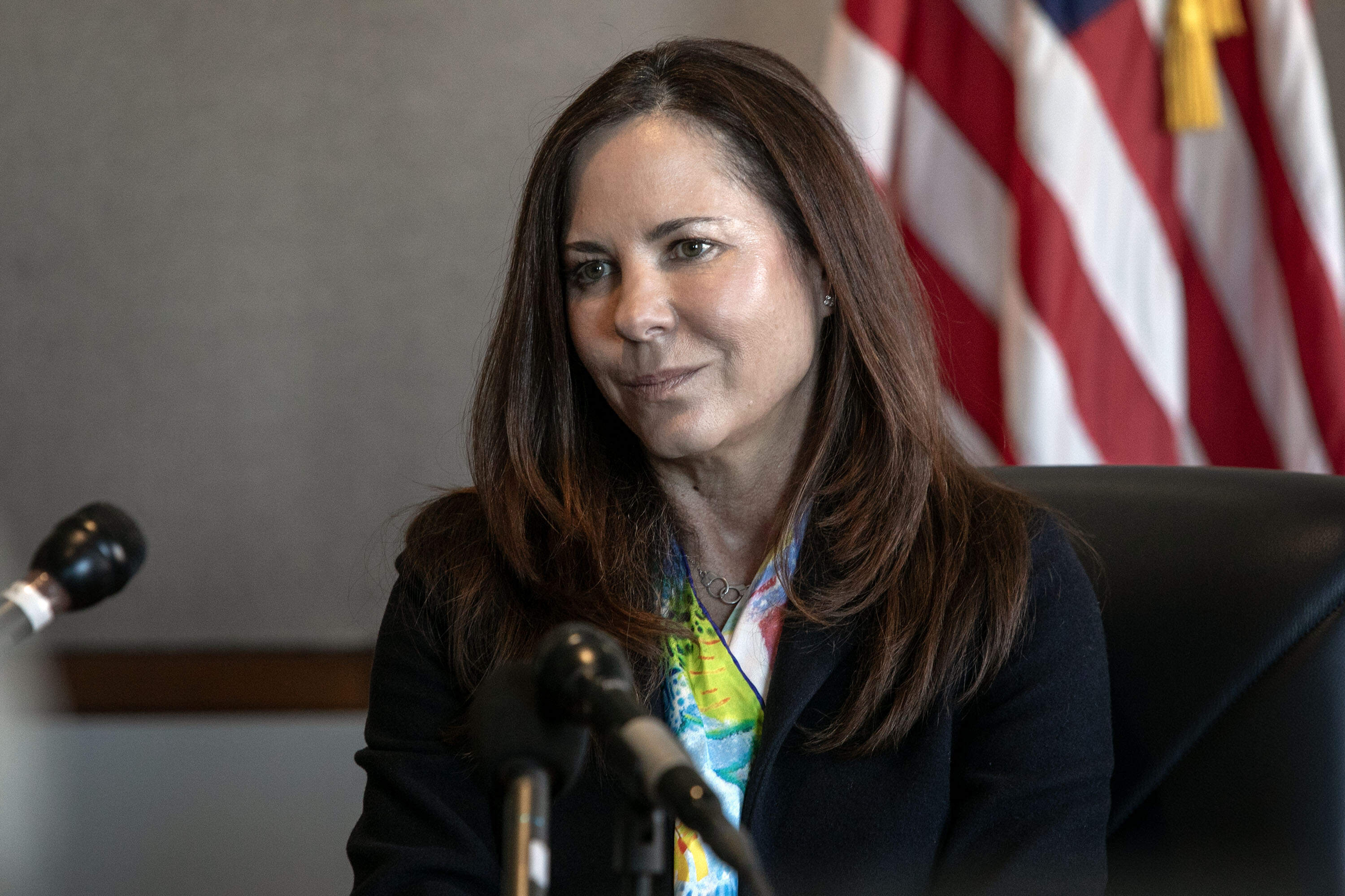 U.S. Attorney Leah Foley at a meeting with reporters at the Moakley Federal Courthouse in Boston on Thursday. (Robin Lubbock/WBUR)