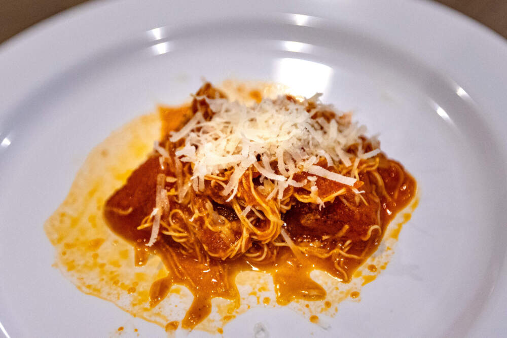 A plate of EdiMembre’s high protein noodles prepared in a marinara sauce. (Jesse Costa/WBUR)