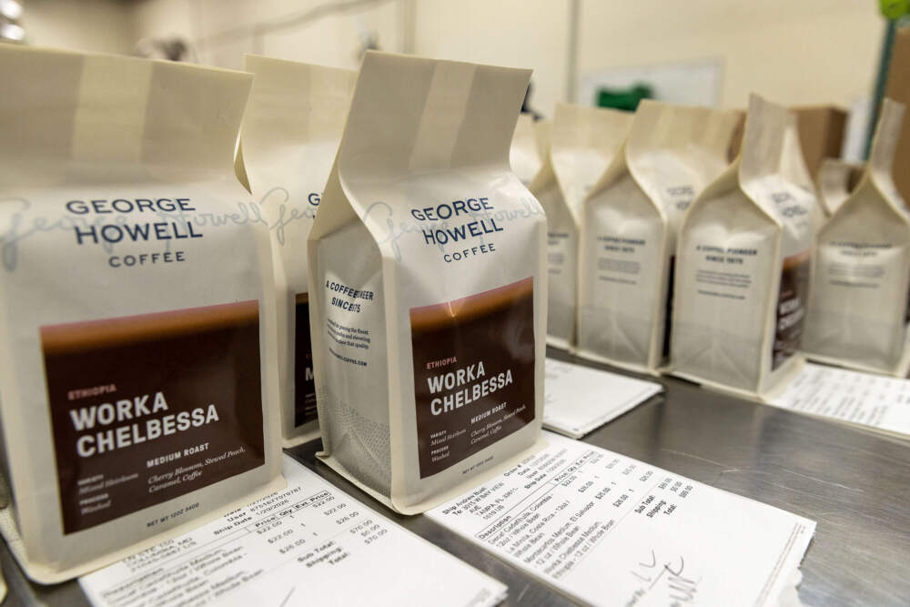 Bags of coffee in the production area at the George Howell Coffee roastery in Acton, Mass. (Robin Lubbock/WBUR)