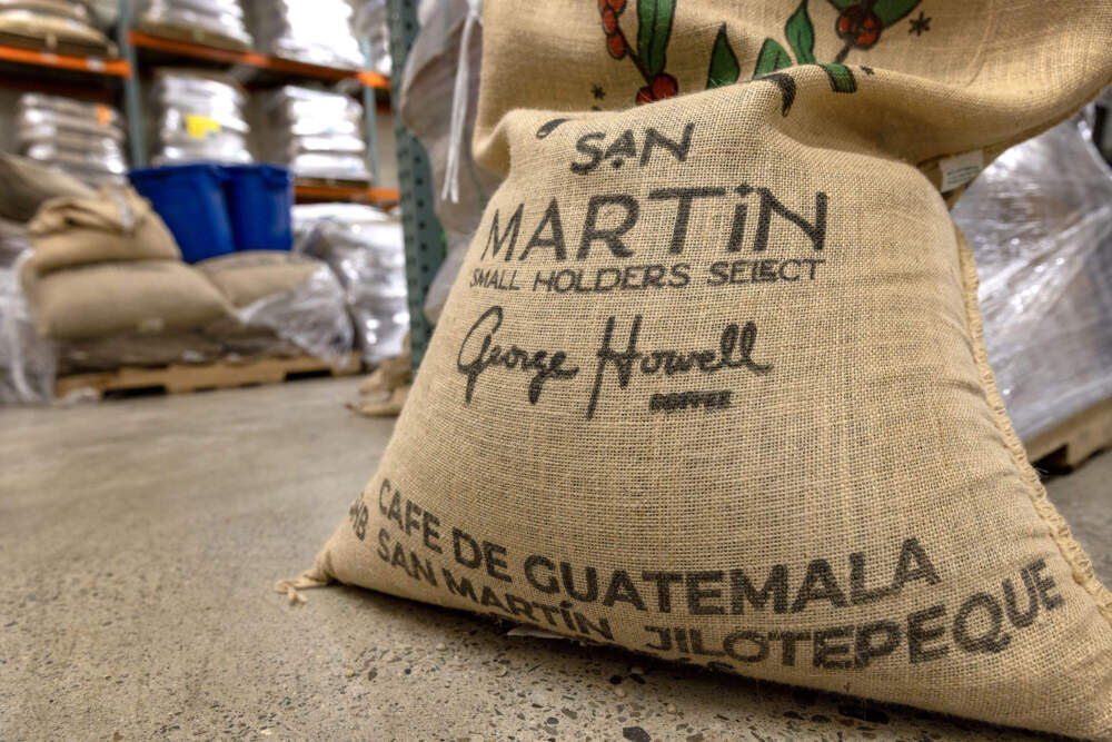 A bag of George Howell coffee beans at the George Howell roastery in Acton, Mass. (Robin Lubbock/WBUR)