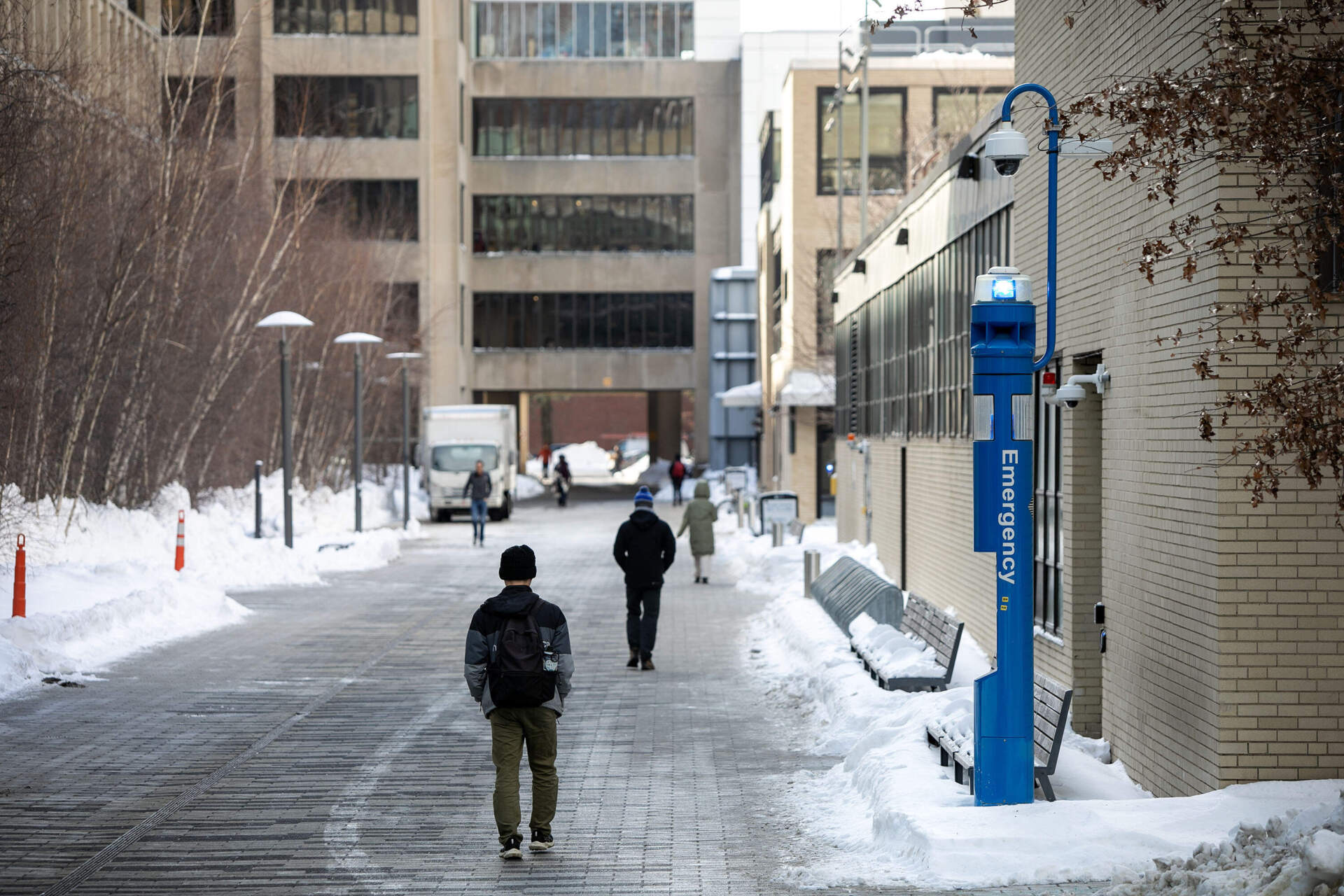 One of many blue emergency posts that allow people to contact authorities across MIT's campus in Cambridge, Mass. (Robin Lubbock/WBUR)