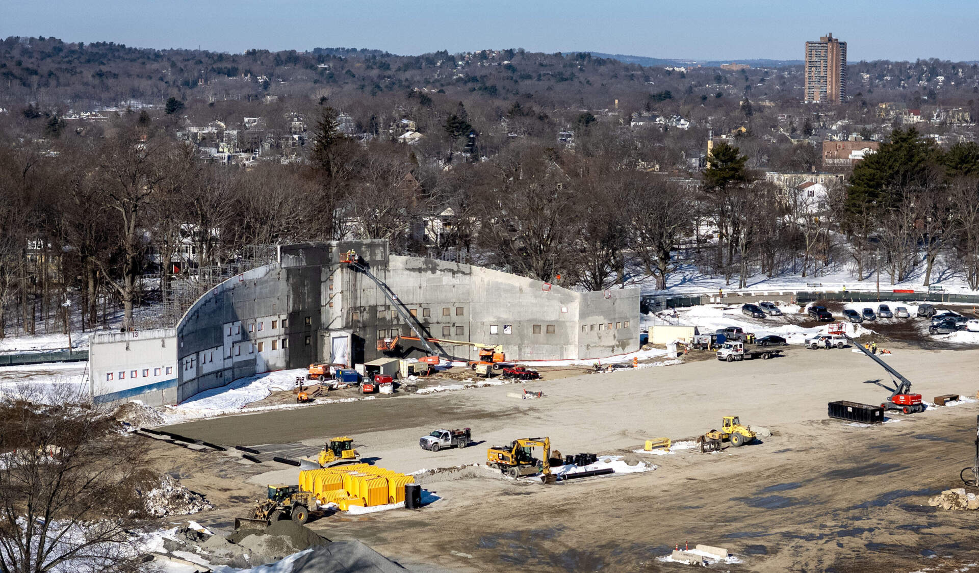 One of the original White Stadium walls remains as a feature of the new stadium under construction in Franklin Park in Boston. (Robin Lubbock/WBUR)