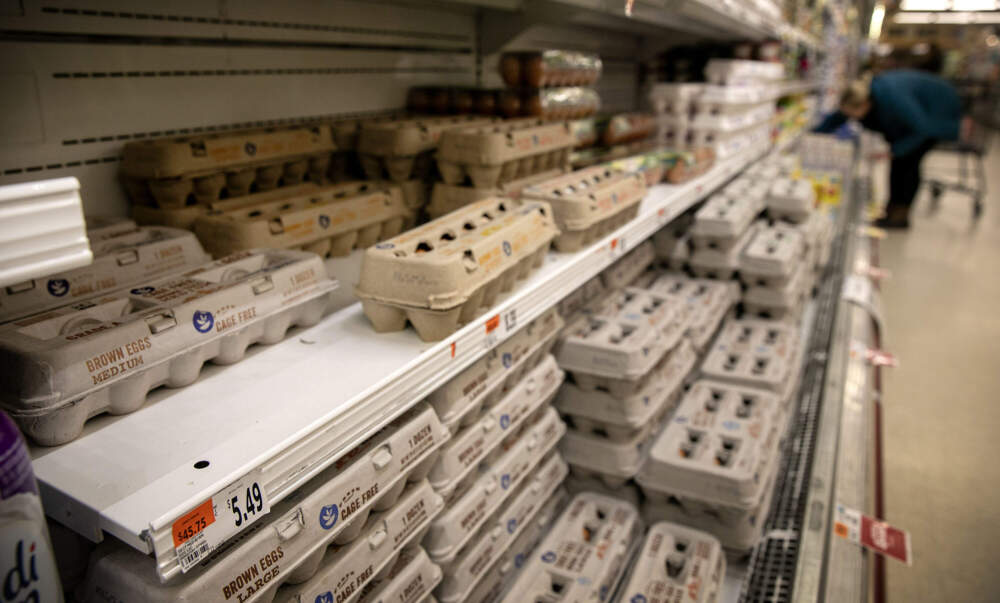 A dwindling supply of medium brown eggs, on sale at $5.49 in Stop &amp; Shop, Watertown in February 2025. (Robin Lubbock/WBUR)