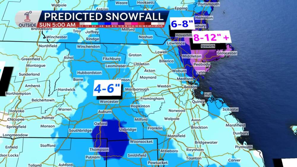 Expected snowfall across Massachusetts on Saturday, Feb. 7, 2026. (Danielle Noyes/1DegreeOutside)