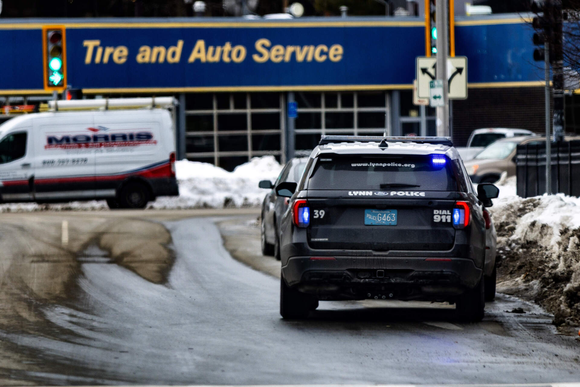 Lynn police pull over a driver on Broad Street in Lynn. (Jesse Costa/WBUR)