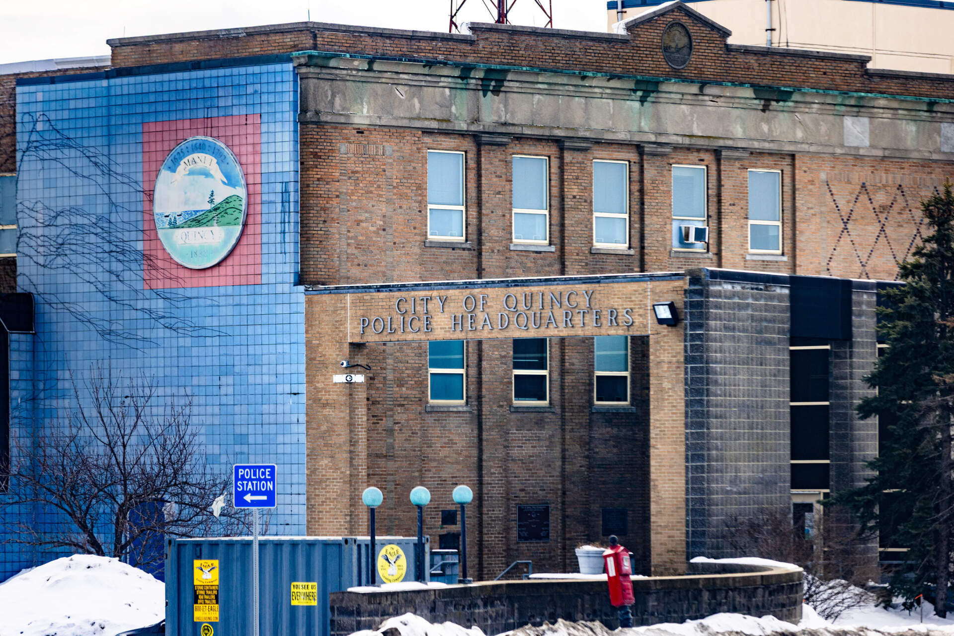 The exterior of Quincy police headquarters. (Jesse Costa/WBUR)