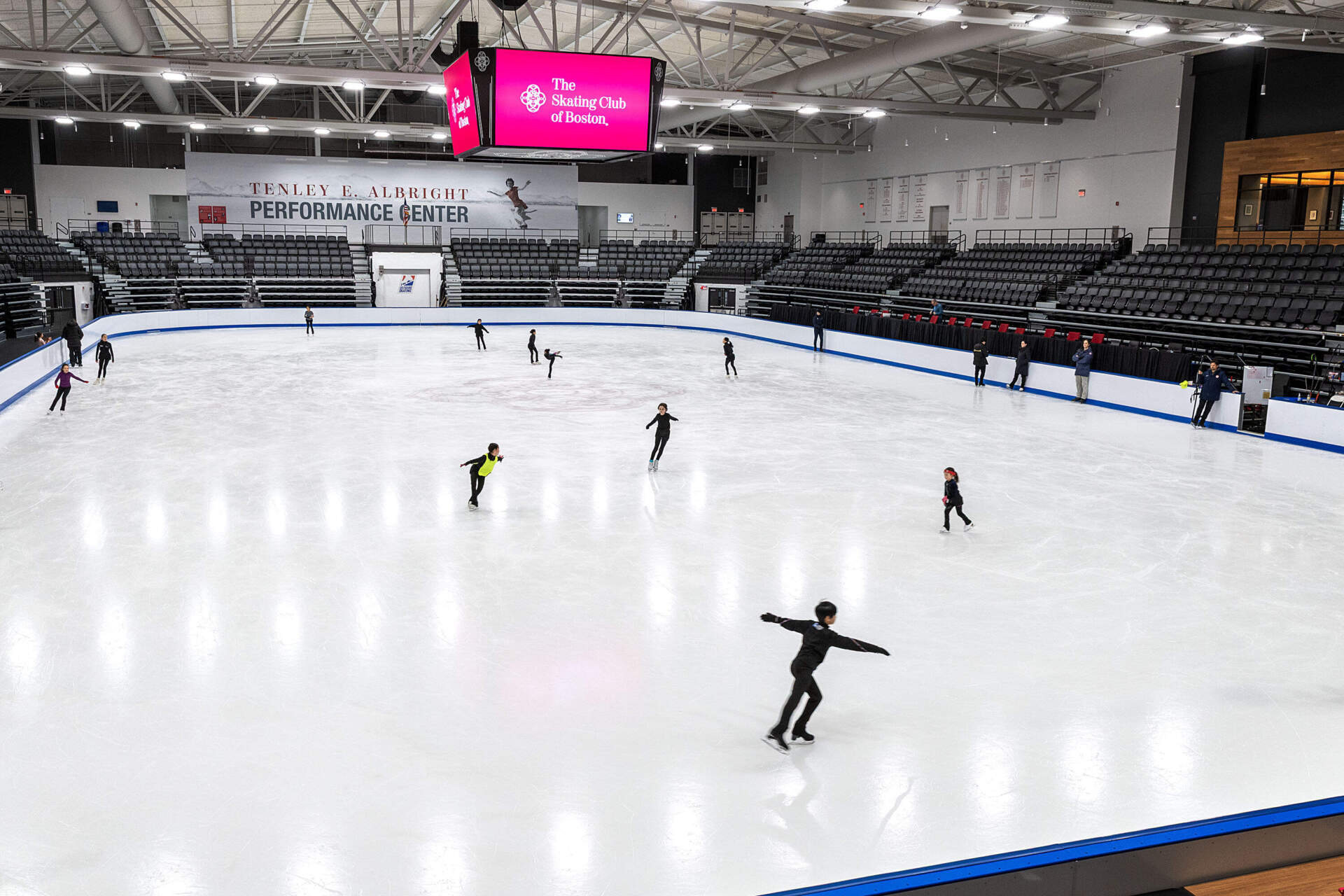 Skaters on the ice at the performance center at the Skating Club of Boston in Norwood. (Robin Lubbock/WBUR)