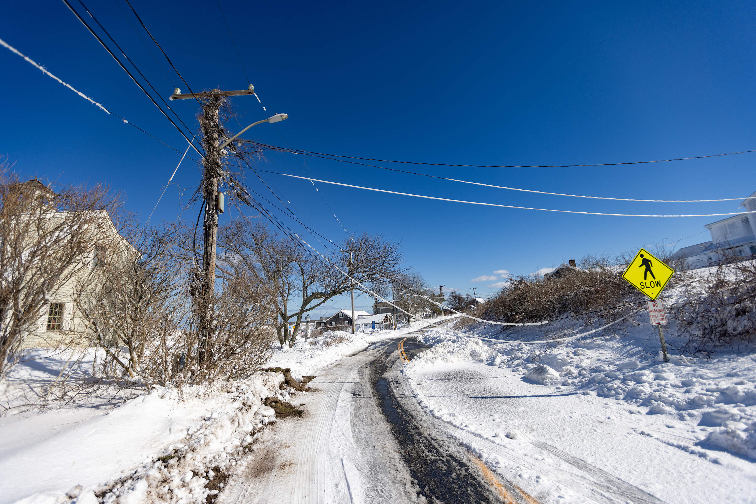Power lines hanging very low on Harbor Road in Dennis. (Jesse Costa/WBUR)