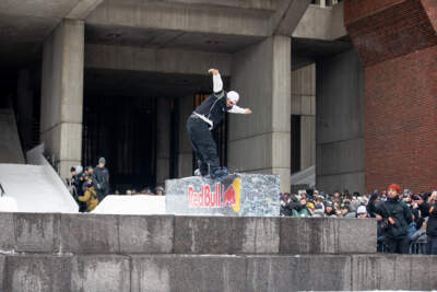 Boston City Hall turns into a street snowboarding competition, drawing thousands