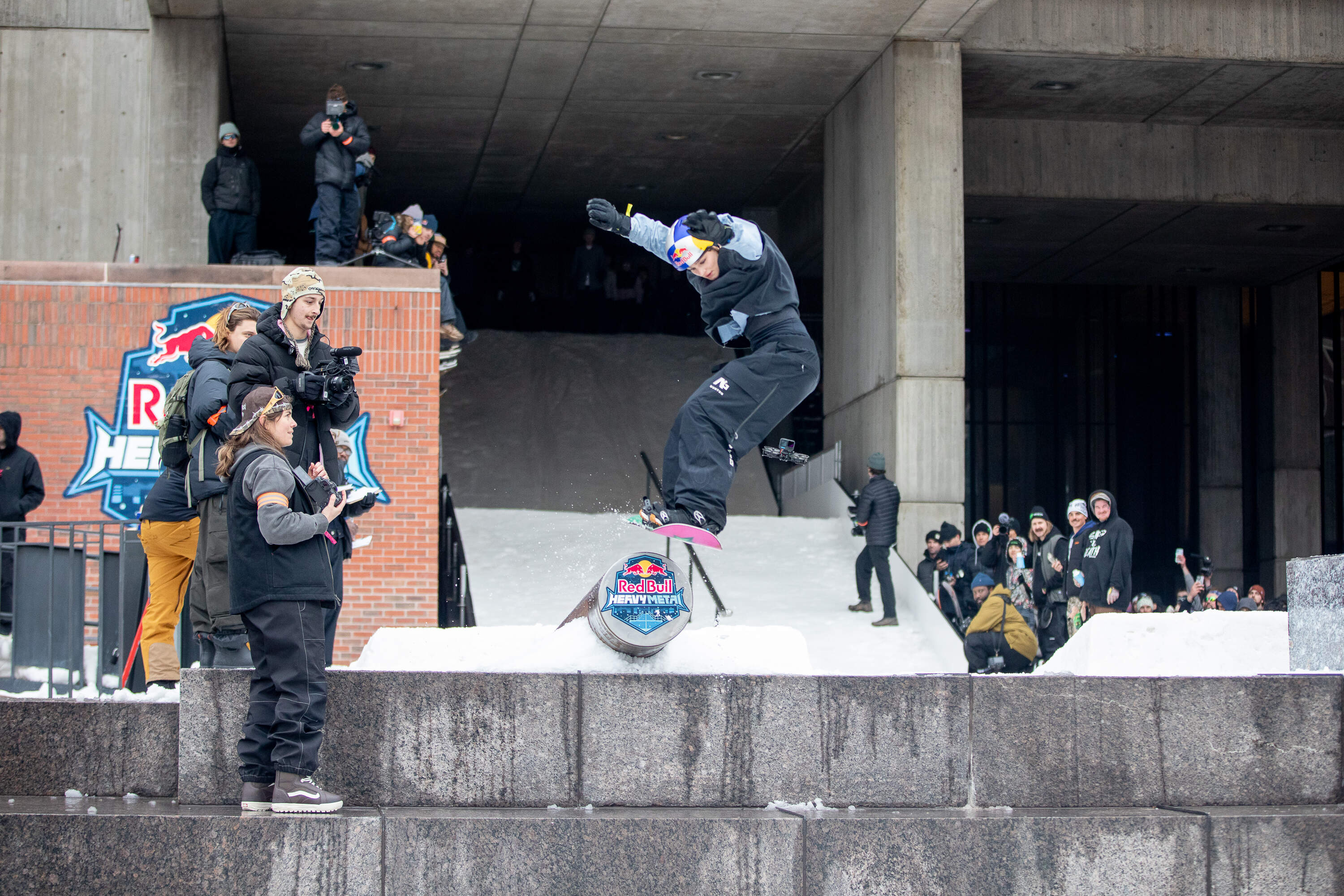 2026 Red Bull Heavy Metal winner Telma Särkipaju and takes a jump during the 2026 Red Bull Heavy Metal Finals. (Artemisia Luk/WBUR)