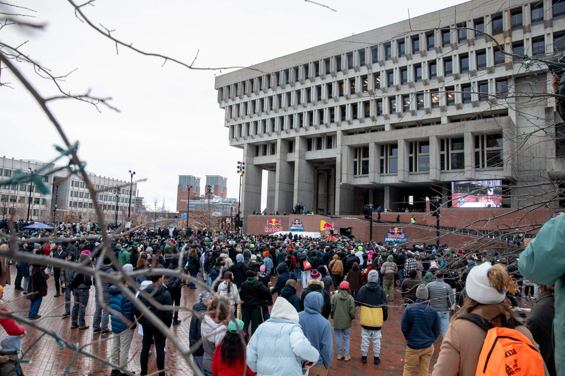 Spectators watch the 2026 Red Bull Heavy Metal Finals in Boston City Hall Plaza. (Artemisia Luk/WBUR)