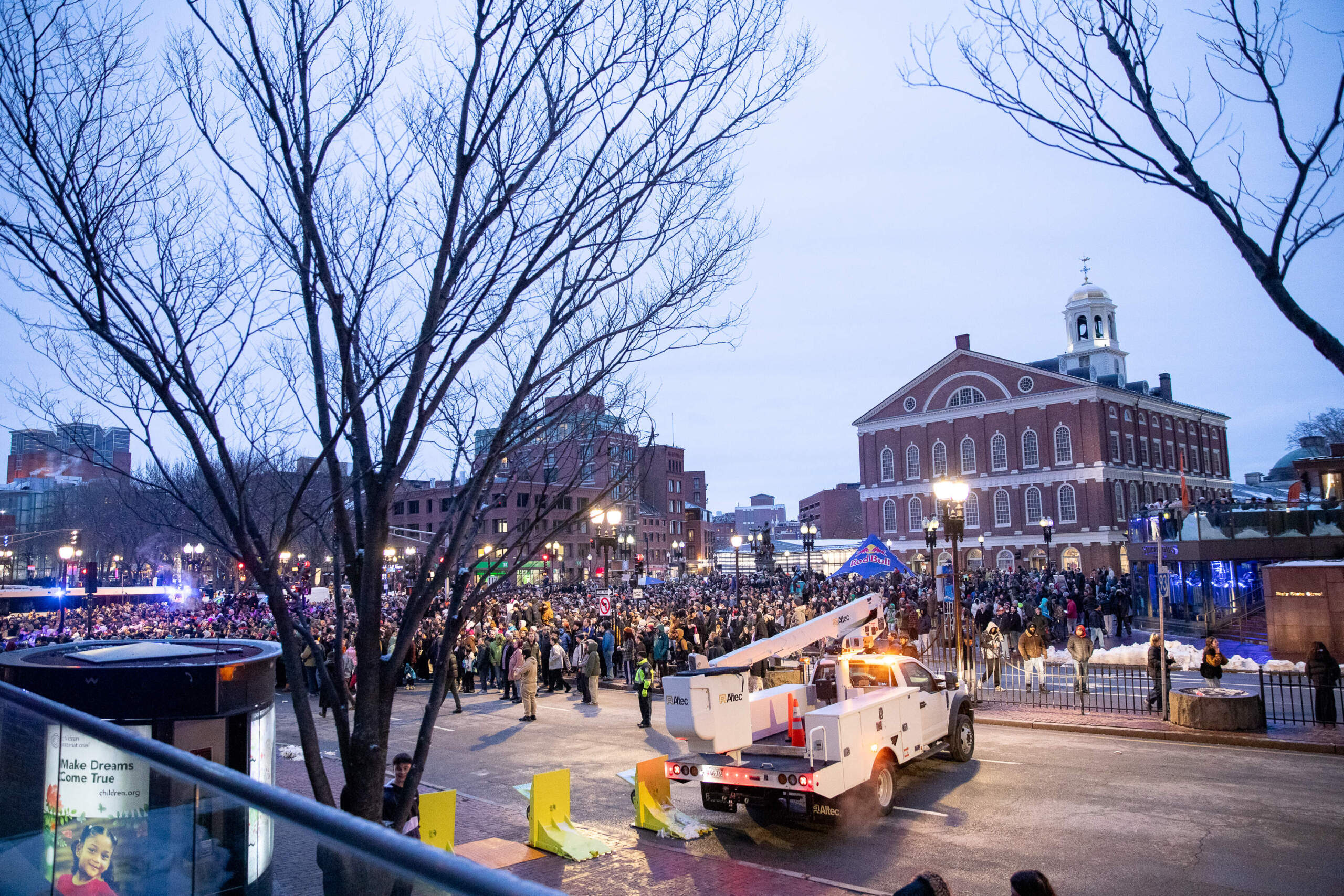 Crowds gather between Boston City Hall and Faneuil Hall to watch the 2026 Red Bull Heavy Metal Finals. (Artemisia Luk/WBUR)