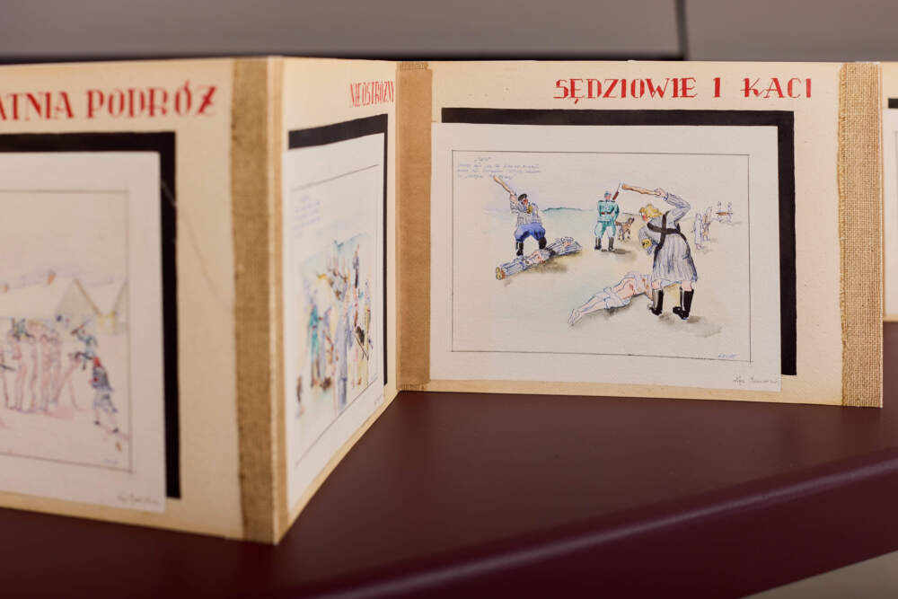 Another view of the facsimile of Zofia Rozenstrauch's work, on display in the exhibit "Who Will Draw Our History?" at Brandeis University. (Courtesy Sasha Pedro)