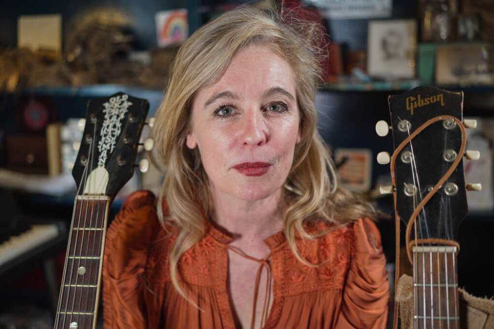 Singer and songwriter Tift Merritt, co-chair of the Artist Rights Alliance, poses for a photo with her guitars at her home in Raleigh, N.C., Thursday, Jan. 29, 2026. (Allen G. Breed/AP)