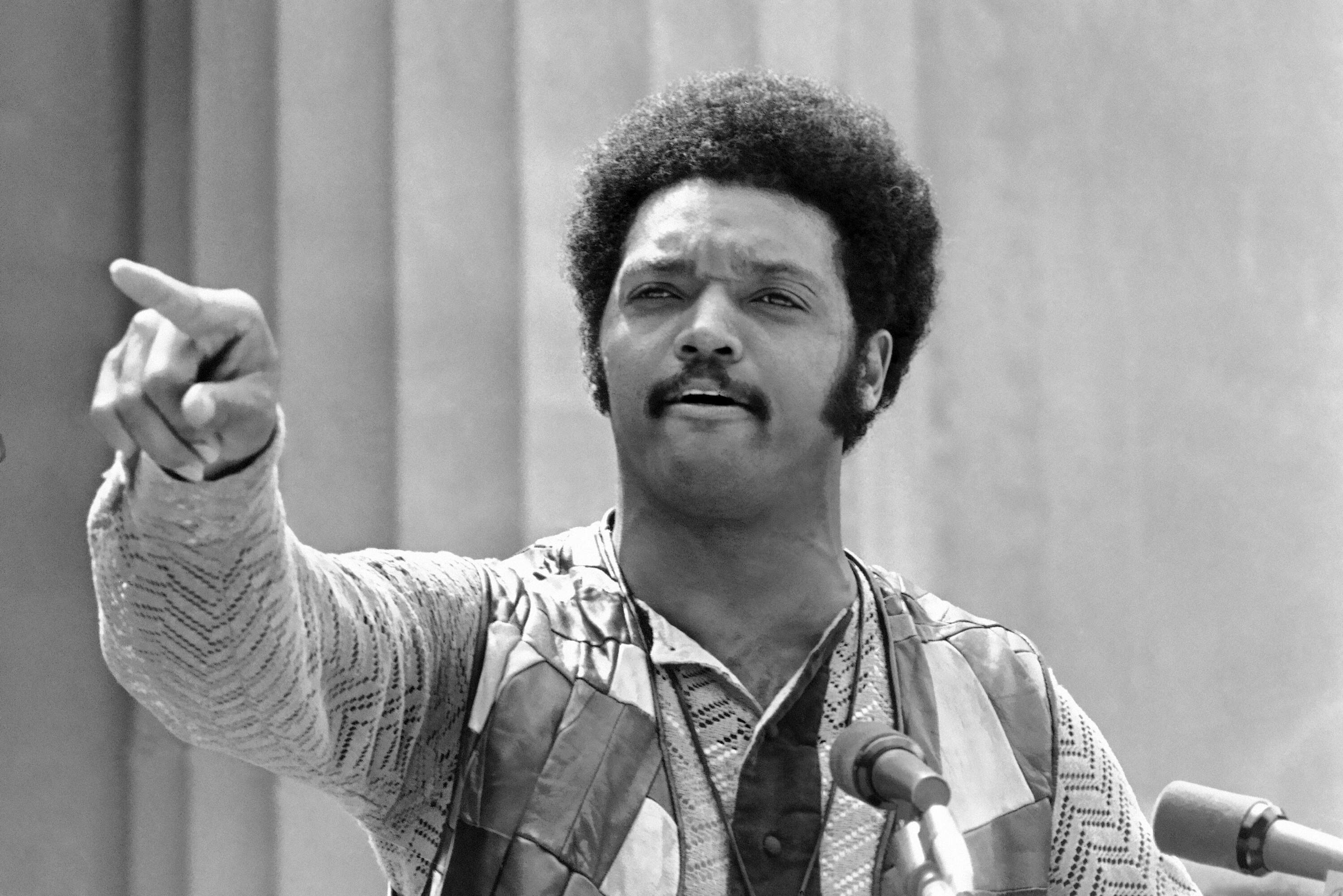 FILE - Jesse Jackson, of the Southern Christian Leadership Conference, speaks at a University of California rally on May 27, 1970, at The Greek Theater in Berkeley, Calif. (AP Photo/Sal Veder, File)